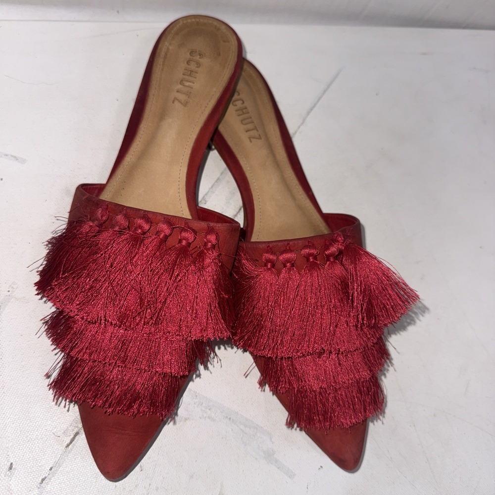 Schutz Lale Tassel Slide Red Suede Fringe Mules Anthropologie Boho Flat Shoes 10